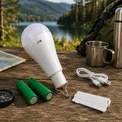 Акумуляторна USB LED лампочка USB E27 для дому при відключенні світла з гачком, 2 акумулятори 18650, 20 Вт 6500K — FAE-3920